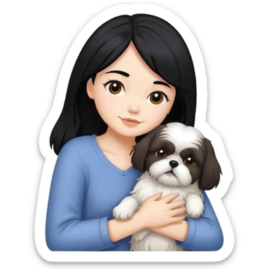 A girl with black hair hugging a Shih Tzu dog sticker