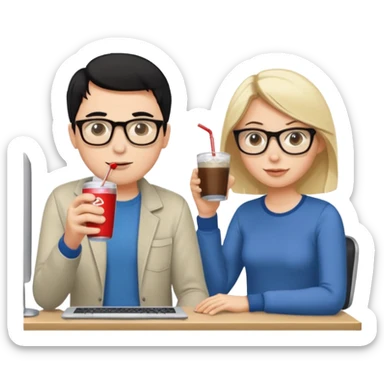 Hombre blanco con gafas, pelo negro tomando un refresco frente a un ordenador con ropa de sport, en la pantalla del ordenador una mujer rubia tomando café sticker