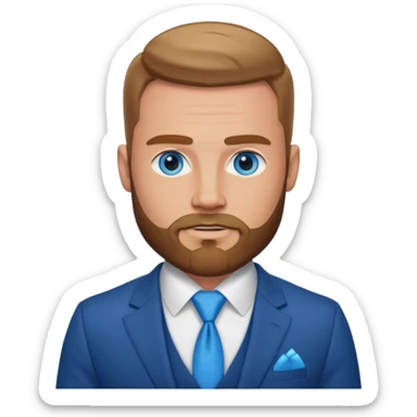 create a master of tactical finesse, a muscled white man in a bespoke suit, blue eyes with a beard sticker