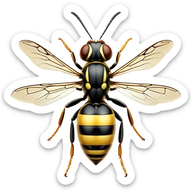 Beautiful and Majestic Wasp Portrait Emoji, Head and body rendered in serene repose with a gentle, confident smile, showcasing a refined, streamlined form with delicately patterned stripes and softly closed, focused eyes, Simplified yet exquisitely endearing features, highly detailed, glowing with a soft, drowsy radiance, high shine, relaxed and utterly noble, stylized with an air of regal insect elegance, soft glowing outline, capturing the essence of a beautiful and majestic wasp that embodies the refined power of nature! sticker