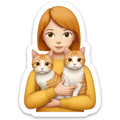 Straight short hair ear length in dark brown , skin tone honey . holding one ginger cat , one yellow white cat , one cream color cat British short hair same size  sticker