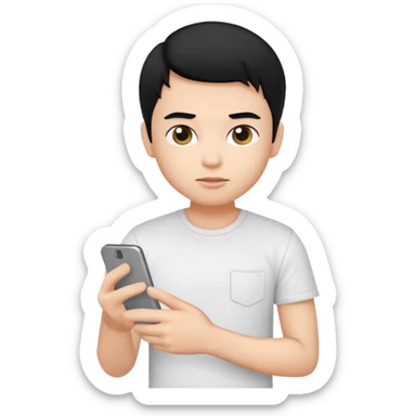 generate a pretty bratz emoji of a boy with black hair wearing a white tshirt and holding a cT sticker