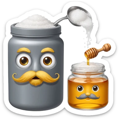 Garama and Madundung are together a gray container of salt and a honey container with a cloth on top. They each have eyes with white in the middle, a mouth, nose, and mustache both customary to their colors. They have hairy legs and emit an aura of salt (Garama), and honey (Madundung). sticker