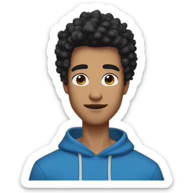 Tan skin with black fluffy tiktok hair and thick eyebrows young adult male wearing a blue hoodie and define jawline and thin nose sticker