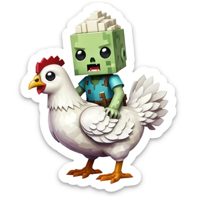 small square-shaped Minecraft baby zombie riding a tiny white chicken sticker