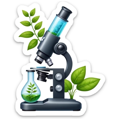 An icon featuring a microscope, a DNA strand, and plant leaves, symbolizing biology. The design includes cells, a test tube with a plant sample, representing life sciences, ecosystems, and the study of organisms. Transparent background highlights the exploration of living systems. sticker