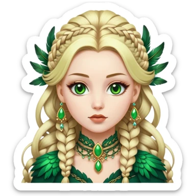 lady with Pale complexion, sharp features, high cheekbones, Blonde hair, green eyes, feathered ornaments, intricate braids with voluminous hairstyle sticker