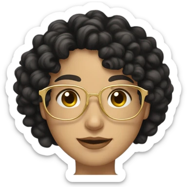 Caucasian woman, long black curly hair, golden glasses with tiny frames, just face sticker