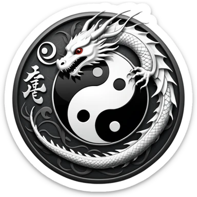 An icon symbolizing Eastern martial arts in the style of an emblem, featuring a black-and-white Yin-Yang symbol and a dragon at the center, surrounded by elements like a dojo. Transparent background highlights balance and power. sticker