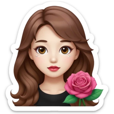 “korean brown hair Emoji girl, soft eyeliner, gradient rose lips, light brown shimmer eyeshadow, sparkly aegyo-sal, long wavy hair,  sticker
