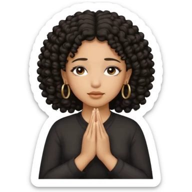 brown girl praying black curly hair and black eyes closed with gold hoop earrings sticker