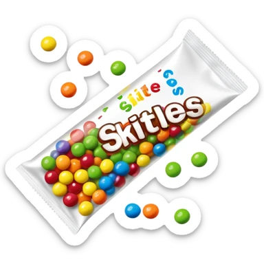 A Skittles candy package opened from the top with green candies spilling out. Minimalist design with rainbow packaging. sticker