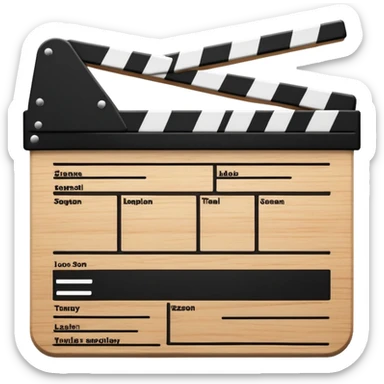 Movie clapperboard with black and white stripes at the top, iOS emoji style, clean minimal design sticker
