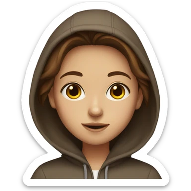 A girl with brown hair and brown eyes with a hoodie sticker