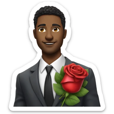 Hyper Realistic handsome man in suit holding roses and a heart shaped gift box sticker