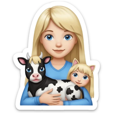 Apple-style emoji sticker of a young woman with long blond hair and straight bangs, blue eyes , holding a black-and-white cow-pattern cat on her chest, both smiling.  sticker