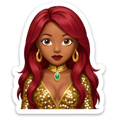 LaTavia Robeson with long dark red hair, gold sequin outfit sticker