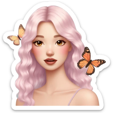 Gorgeous pastel lady with blushing face and butterflies aesthetic trending style sticker