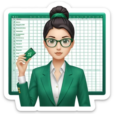 Hair: Sleek high ponytail with center parting Face: Narrow glasses reflecting spreadsheet grids Clothes: Emerald green blazer with rolled sleeves Action: Swiping between dual monitors rapidly sticker