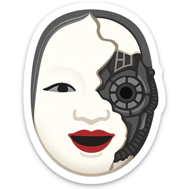Create a cyborg-style Noh mask emoji inspired by the traditional Noh mask in the reference image. The design should feature half of the traditional Noh mask and the other half composed of mechanical cyborg parts. The style should be simple yet expressive, capturing the essence of a cyborg Noh mask. No background, transparent. sticker