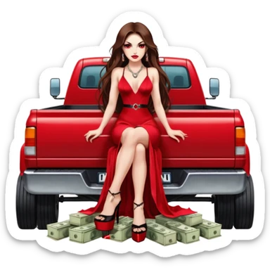 Lilith symbol red eye seductress evil long brown haired sexy succubus woman. Wearing Chanel  long dress with slit, sitting on top of a  giant lifted F350 pickup truck. Black Platform heels on feet. Back of truck full of stacks of cash, sitting behind her is  ahold stacks sticker