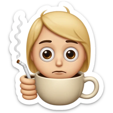 Create an emoji that is tired of life with big eye bags and annoyed. He needs to have a coffee and a used cigarette next to him or his hands  sticker