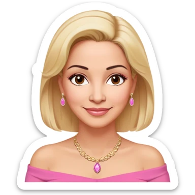 Puerto Rican actress Linette Torres in her 50s with warm light skin, sweet loving expression, gentle kind eyes, well-defined eyebrows, straight nose, warm smile, shoulder-length blonde hair, wearing a pink off-shoulder strapless top and a necklace sticker