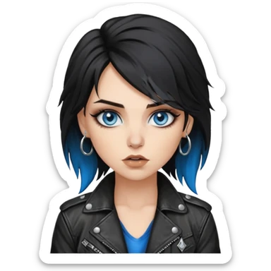 
 rockstar girl with black disheveled hair, blue eyes, Smokey eyes grunge makeup, ring on the side of the nose sticker