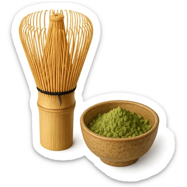 a matcha whisk (chasen) with a small bowl of matcha powder, traditional Japanese tea ceremony tools, detailed sticker