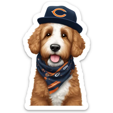 Bernedoodle with chicago bears hat and scarf sticker