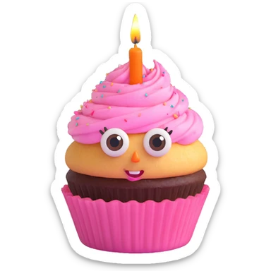 A cupcake with pink frosting, big eyes, two teeth, and a lit candle on top sticker