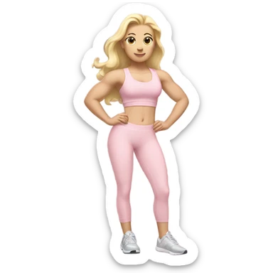 White woman, pale skin, long hair, blonde hair, wavy hair, baby pink sports bra, baby pink leggings, flexing right arm, left hand on hip sticker