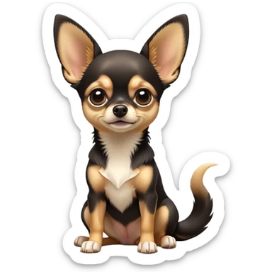 cinematic-[chihuahua dog]-realistic-full-body-sitting-emoji,-tail-resting-loosely-beside-its-paws,-head-tilted-dramatically,-sleek-[black and tan]-fur,-simplified-yet-realistic-focused-features,-highly-detailed,-glowing-with-an-almost-sarcastic-glow sticker