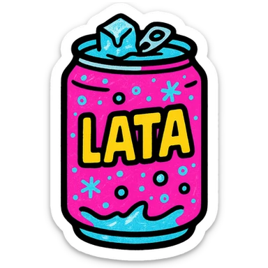 a stylized pink soda can with 'Lata' text, icy and refreshing, playful design sticker