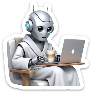 An emoji of a remote-working robot, sitting comfortably with a laptop, wrapped in a cozy bathrobe. The robot has a sleek, futuristic design with expressive digital eyes, sipping a virtual coffee. The scene should feel relaxed yet high-tech sticker