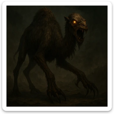 a scary camel monster with glowing eyes and claws, menacing, fantasy art sticker