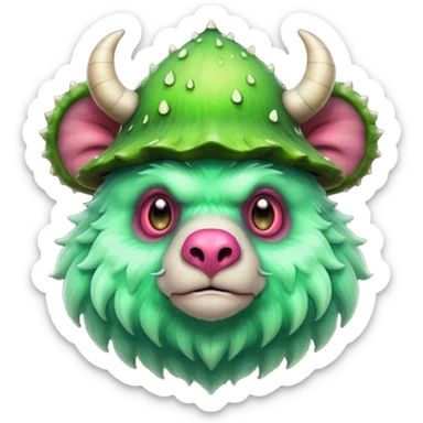 poisonous mushroom bear monster portrait, head and shoulders only, bear-like face, mushroom cap horns, toxic green aura, fluffy neck fur, fantasy beast style, 3D cartoon, mobile game icon style, clean background, no text, no watermark

 sticker