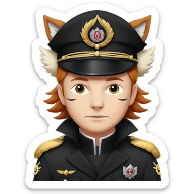 An auburn-hair'ed admiral with a flawless bear and mustache wearing a black admiral outfit and hat with Wolf Ears coming out of the hat, and 9 tails behind him, with the admiral black shirt featuring on the left breast pocket the insignia of Helldivers 2. sticker