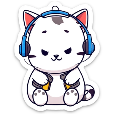 tired sad cat with a gun and headphones, cartoon sticker sticker