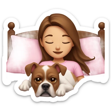  girl in pink bed with brown hair and sleeping bulldog sticker