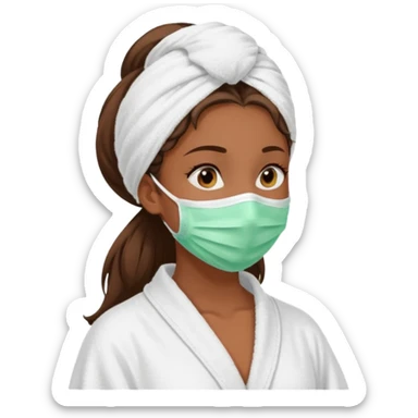 Tanned girls side profile  in robe and her hair in a towel with a face mask on sticker