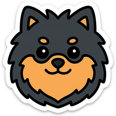 fluffy black and tan Pomeranian dog face, large round eyes, black button nose, tan muzzle, tan eyebrow spots, thick fluffy fur, upright tousled ears, friendly and cute sticker