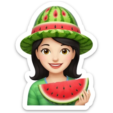 dark haired woman with watermelon hat sticker