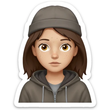 Hobo tomboy with light skin, freckles, shoulder-length center-parted dark brown hair. brown eyes, dark dull brown hoodie, grey shirt. Flat crown bolero hat sticker