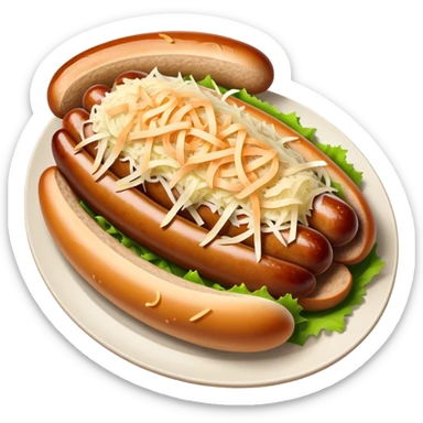 Bratwurst Cinematic Realistic Bratwurst Dish Emoji, depicted as a grilled bratwurst topped with a generous serving of shredded sauerkraut, rendered with rich textures and dynamic, appetizing lighting. sticker