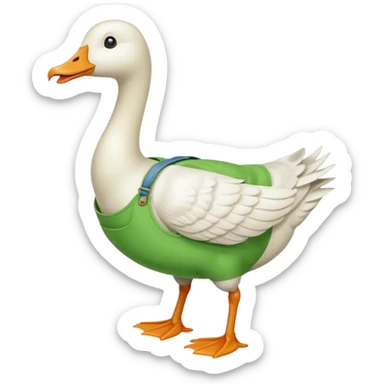 "Emoji of a white running goose with a very long neck and two legs. The goose wears bright green dungarees." sticker