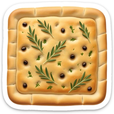Focaccia Cinematic Realistic Focaccia Bread Dish Emoji, depicted as a golden, olive-oil brushed flatbread sprinkled with herbs, rendered with lifelike textures and warm, inviting lighting. sticker