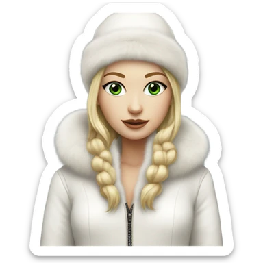 Realistic White girl with Long straight blonde hair, green eyes, tattoos, full body wearing white fur coat and fur hat sticker