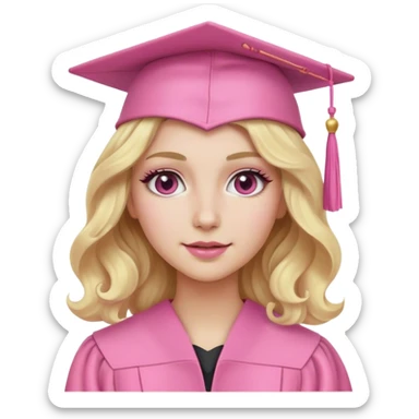 Blonde with wavy hair, a pink graduation cap, white skin and pink makeup  sticker