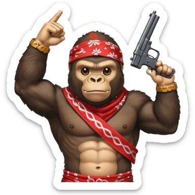 A gorilla holding a gun in the air with a bandana  sticker